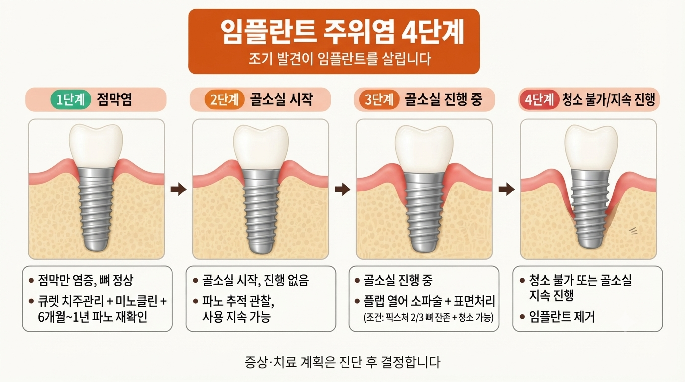 의정부 치과 임플란트 주위점막염과 임플란트 주위염 단계를 설명하는 일러스트