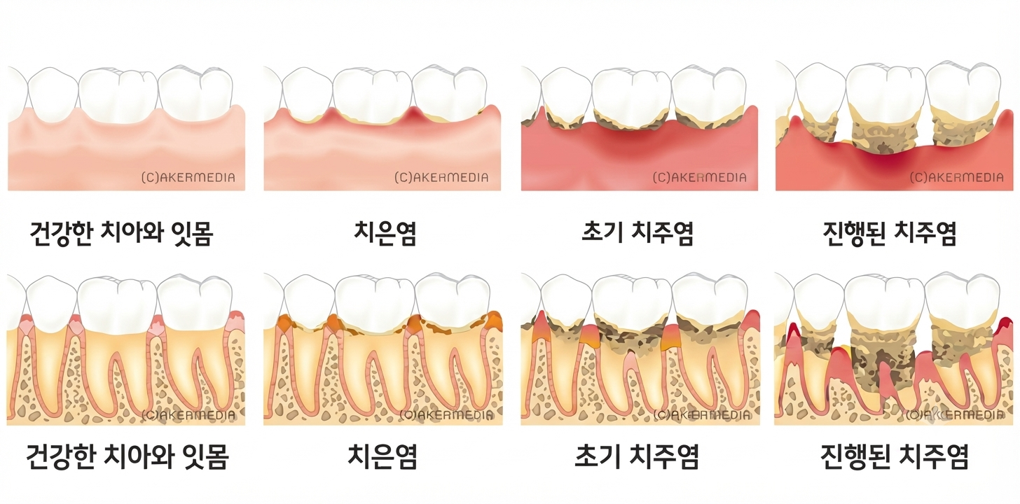 의정부 치과 잇몸병 치은염과 치주염 진행 단계를 설명하는 일러스트
